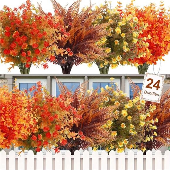 "24 Bundles Artificial Fall Flowers - UV Resistant Faux Boston Fern for Outdoor - Picture 1 of 7